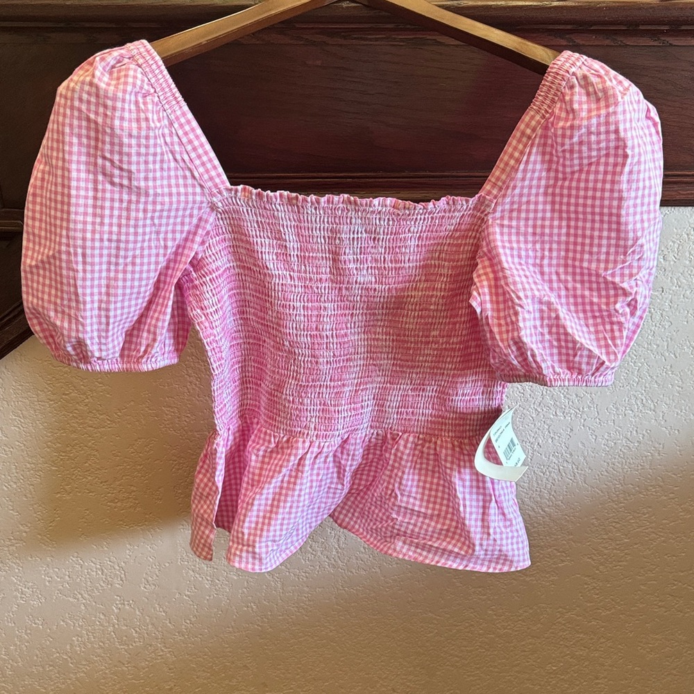 French Connection Size US 4 Gingham Puff Sleeve Top Artina Smocked Begonia Pink